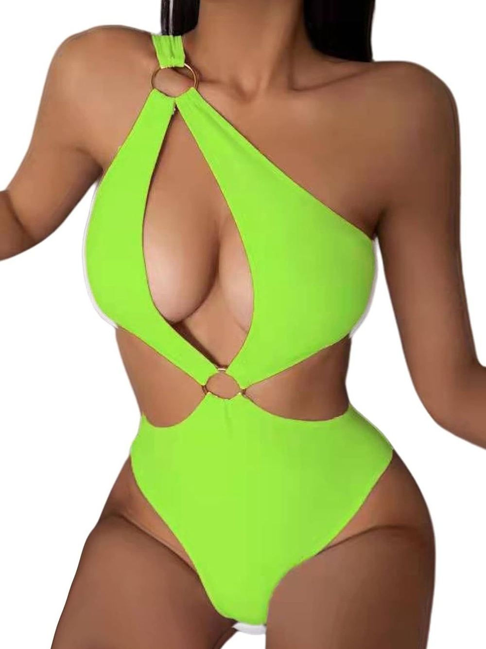Neon Green One-Shoulder Cutout Ring One-Piece Swimsuit